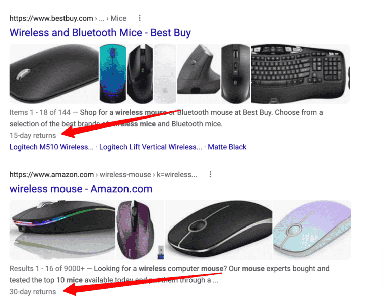 Google showing return grace period within some product search results