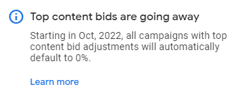 Google top content bids are going away in October