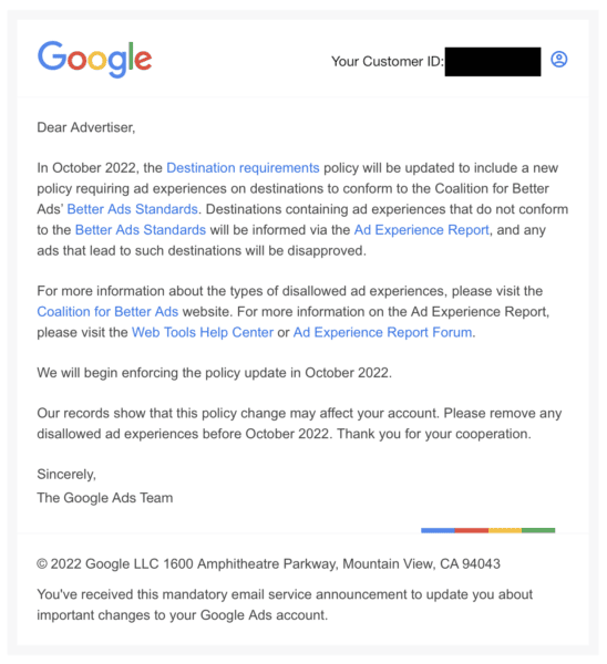 Google will update ad Destination requirements policy in October