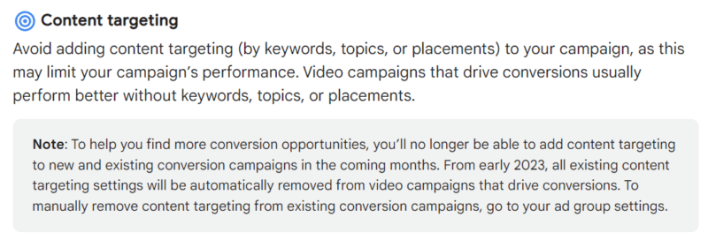 Google Ads to discontinue content targeting for YouTube conversion campaigns in 2023