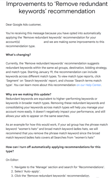 Google’s “Remove redundant keywords” recommendations have changed