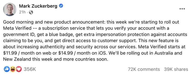 Meta is bringing the blue verification badge to Facebook and Instagram