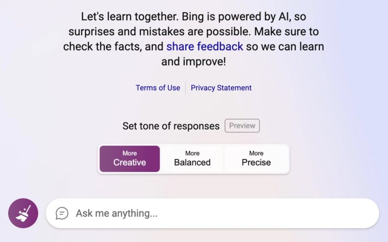 Bing AI Chat testing setting the tone of the responses