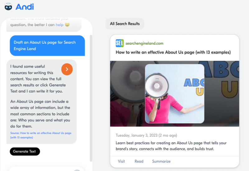 Andi Search adds Generated Content feature