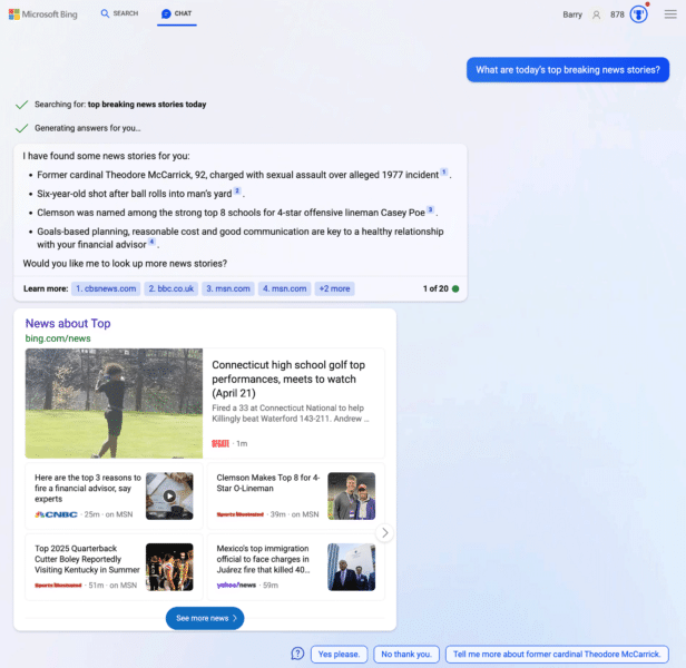 Bing Chat gets better at news questions and minimizes no-response answers