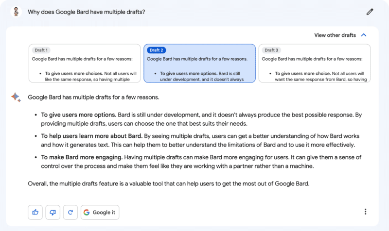 Google Bard adds more variety to drafts