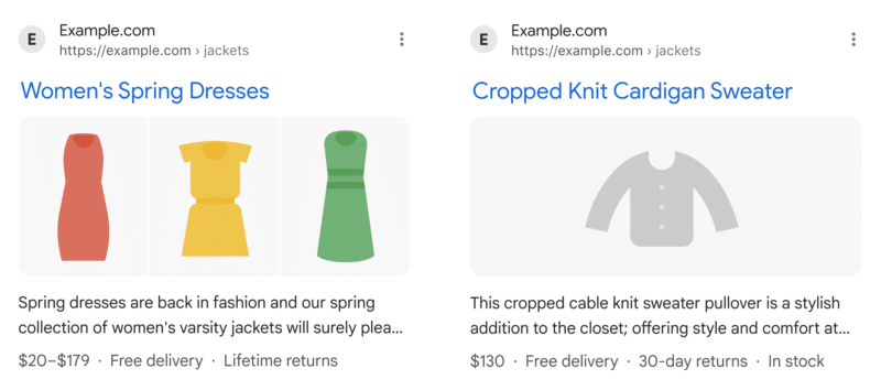 Google shows shipping and return information in the search results