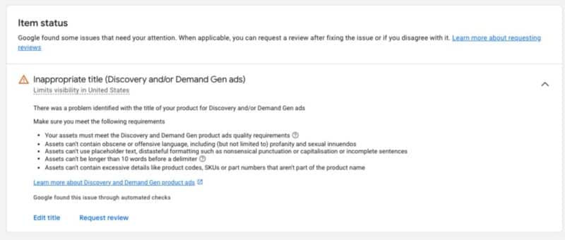 Google Merchant Center sending ‘inappropriate title’ warning
