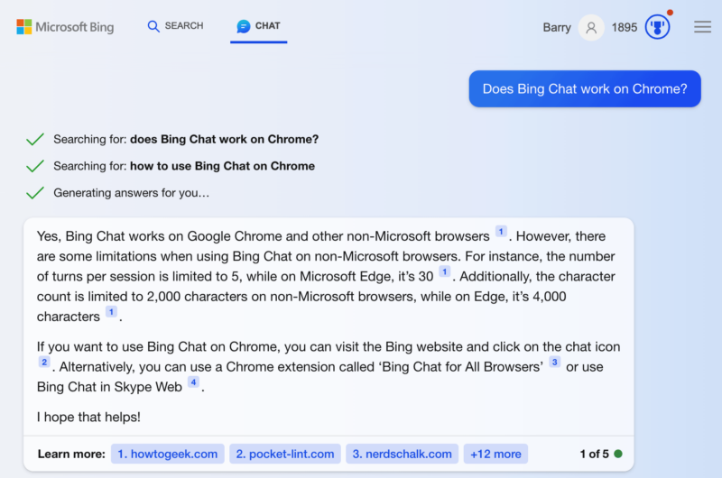 Bing Chat now works on Chrome, Google’s browser