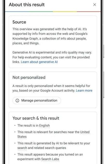 Google Search Generative Experience adds About this result feature