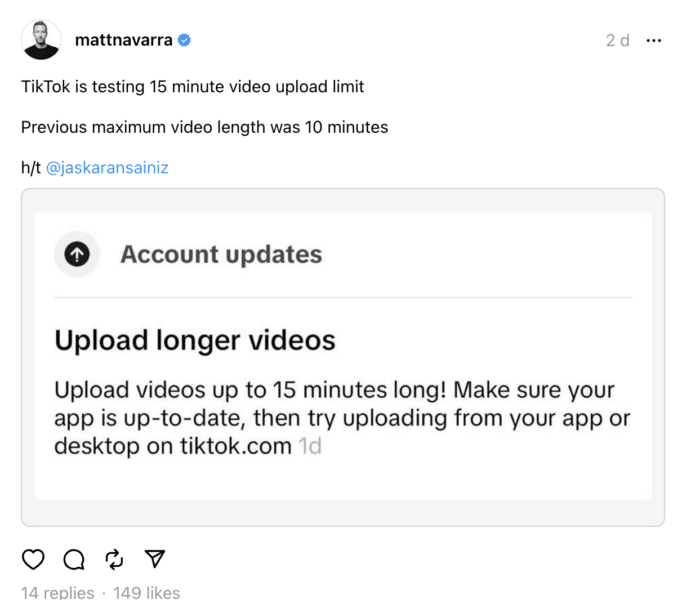 TikTok is piloting 15-minute video upload limits for select users