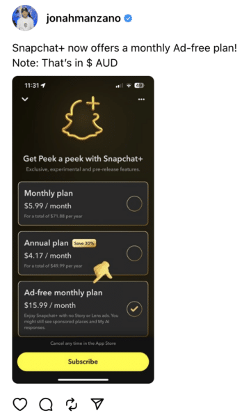 Snapchat is testing an ad-free subscription