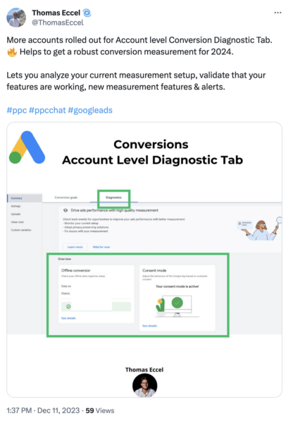 Google Ads pilots conversions account level diagnostic tab