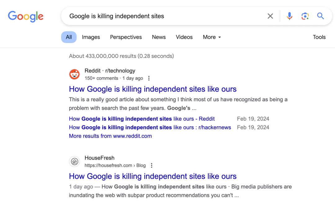 Article complaining about being outranked on Google being outranked by Reddit
